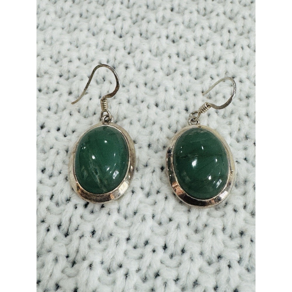 925 Sterling Silver Green Jade Aventurine Oval Cabochon Dangle Earrings